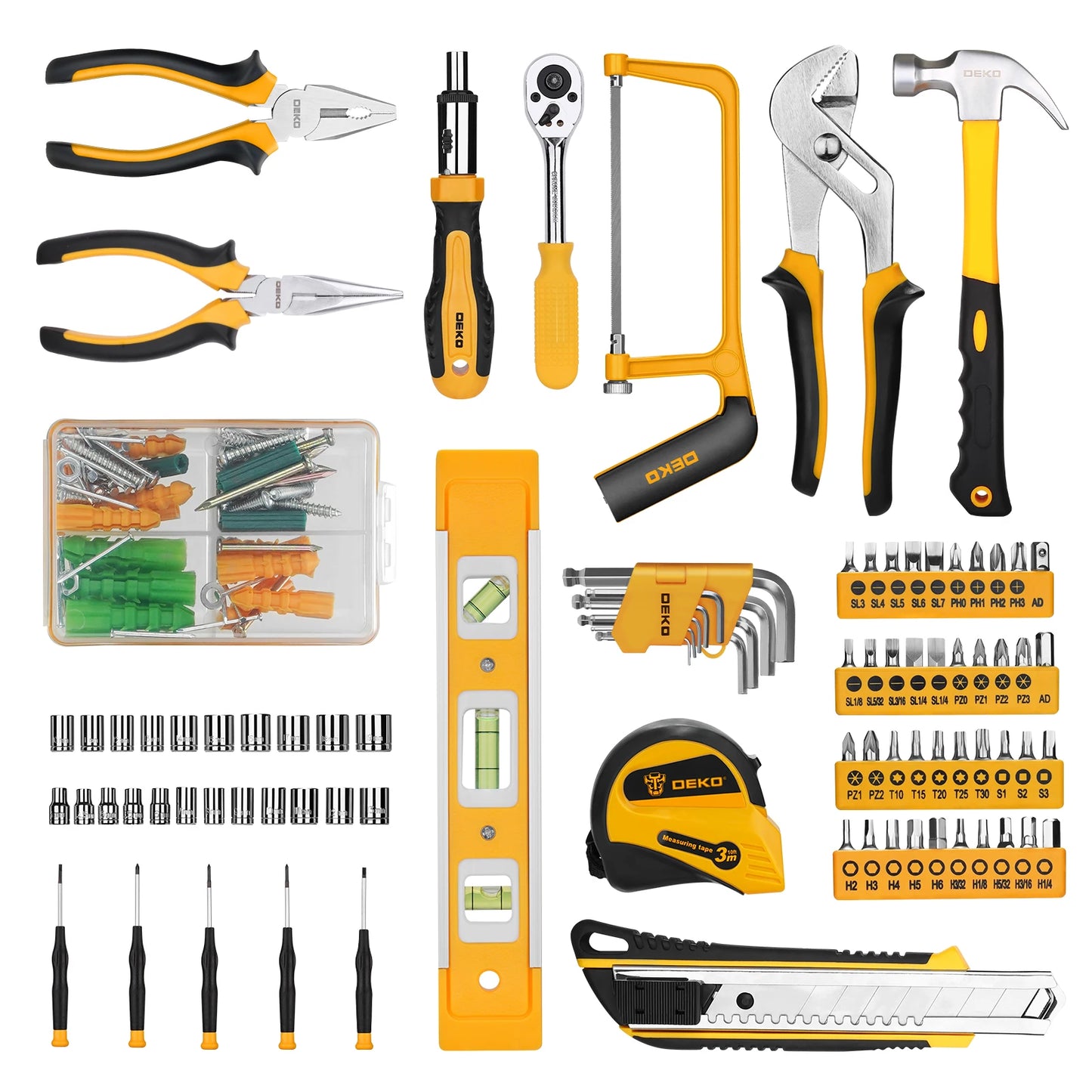 DEKO Kit de herramientas 62/228 pzs: juego de llaves de vaso para auto, paquete combinado de herramientas manuales con estuche rígido.