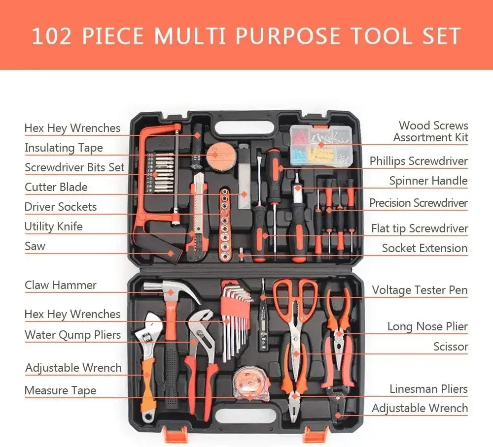 Kit de herramientas 102 pzs para hogar: caja con herramientas de electricista, reparación automotriz y carpintería (juego combinado).
