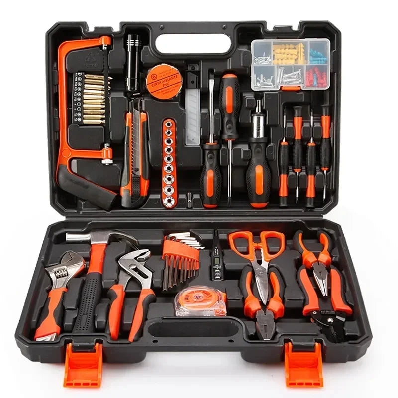 Kit de herramientas 102 pzs para hogar: caja con herramientas de electricista, reparación automotriz y carpintería (juego combinado).