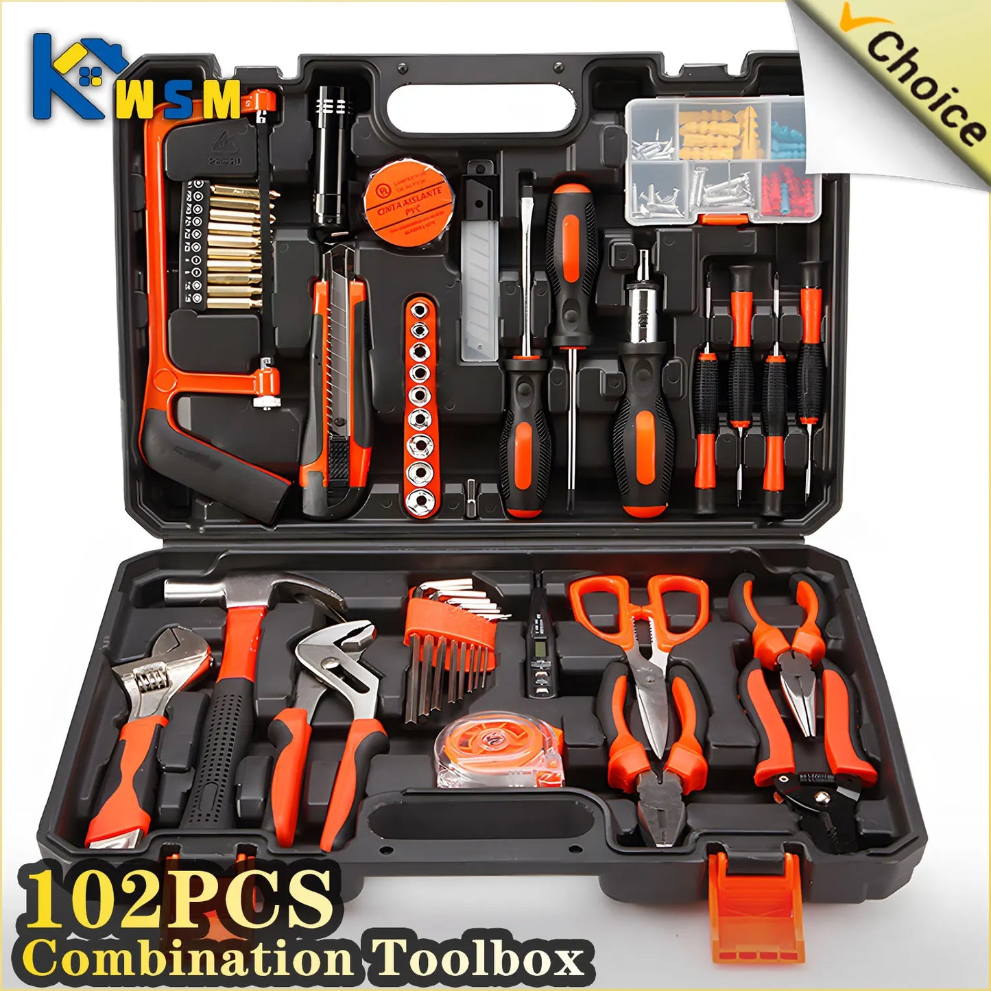 Kit de herramientas 102 pzs para hogar: caja con herramientas de electricista, reparación automotriz y carpintería (juego combinado).