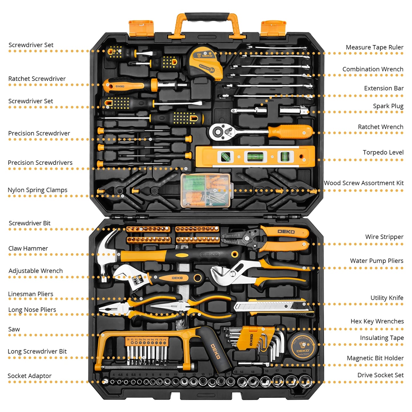 DEKO Kit de herramientas 62/228 pzs: juego de llaves de vaso para auto, paquete combinado de herramientas manuales con estuche rígido.