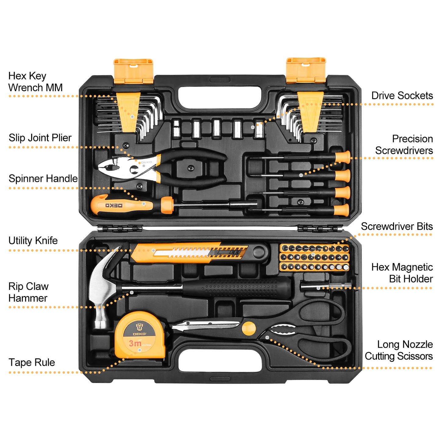 DEKO Kit de herramientas 62/228 pzs: juego de llaves de vaso para auto, paquete combinado de herramientas manuales con estuche rígido.